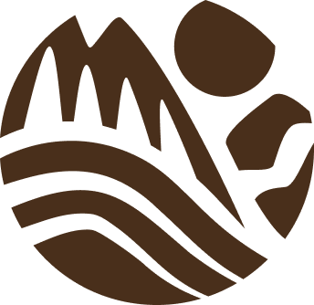 Mountains, land, and sky circular motif.