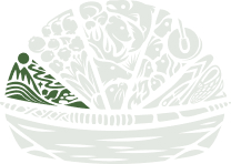 A stylized, mosaic-like illustration of a woven green basket overflowing with colorful symbols of Indigenous life, including salmon, berries, forest animals, and human profiles. Highlighting the landscape region.